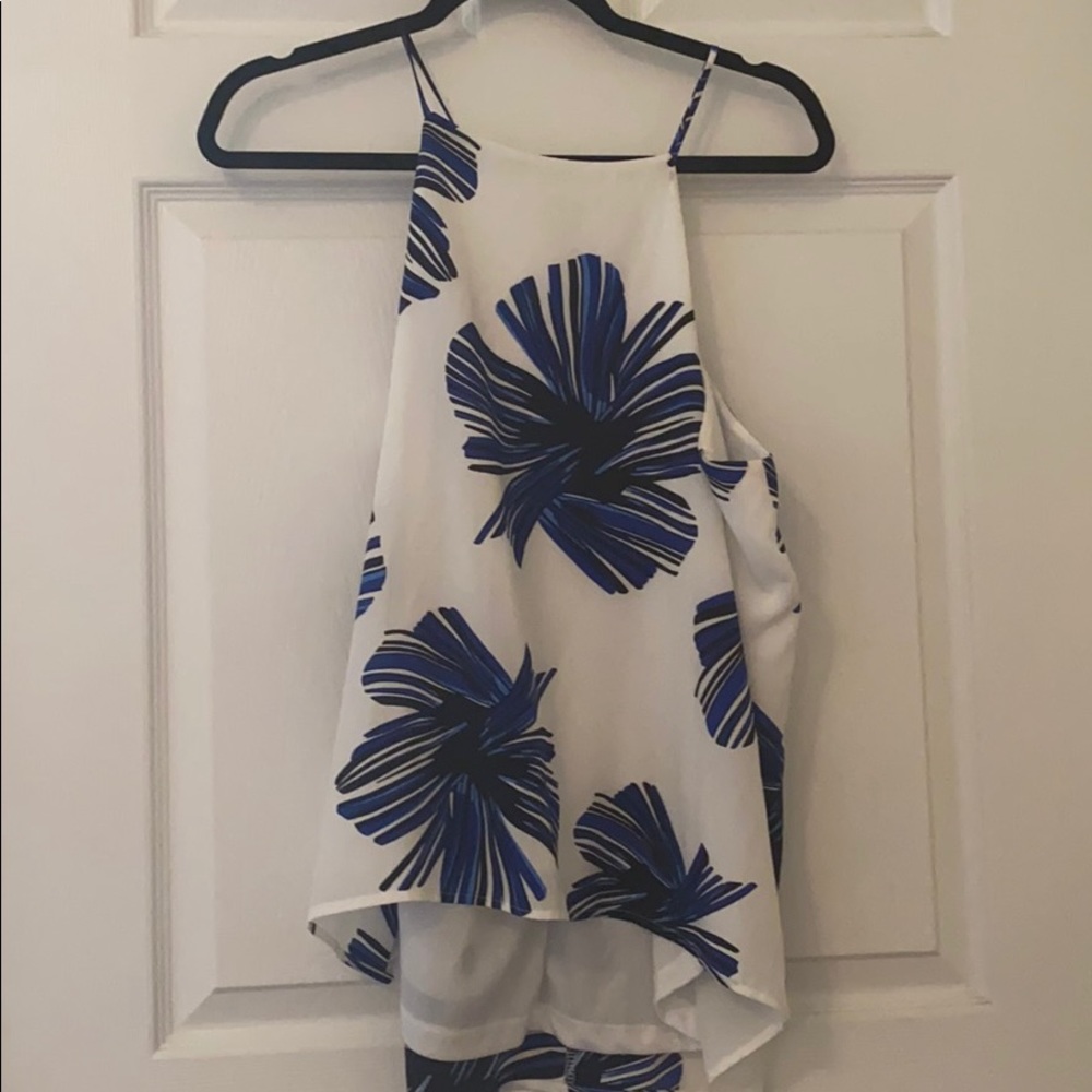 White tank with blue and black floral design